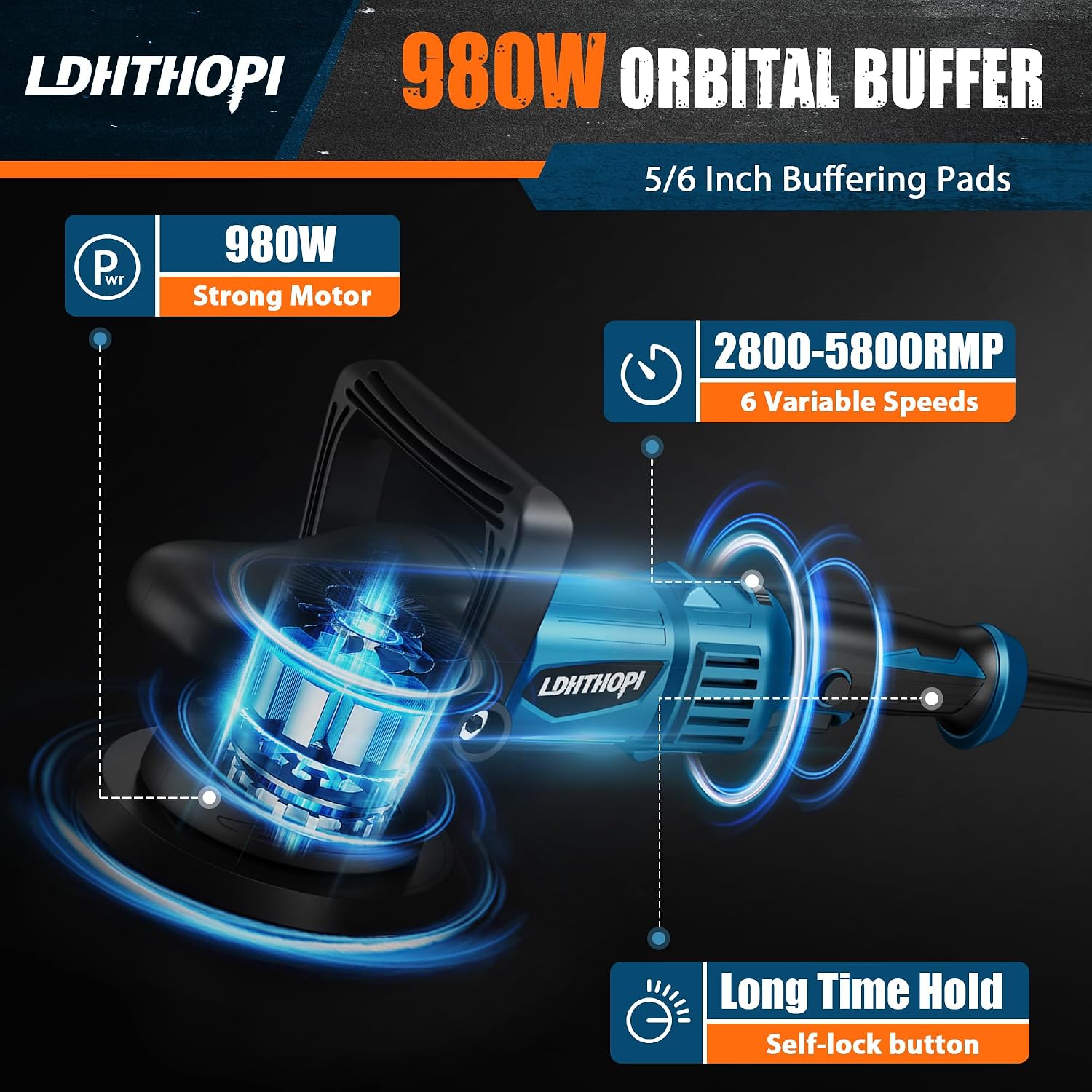 LDHTHOPI Dual Action Polisher, 980W 5/6 Inch, 9MM Random Orbital Buffer Polisher for Car Detailing, 2800-5800RMP, 6 Variable Speed Buffer Polisher with 8 Detachable Pads - Image 2