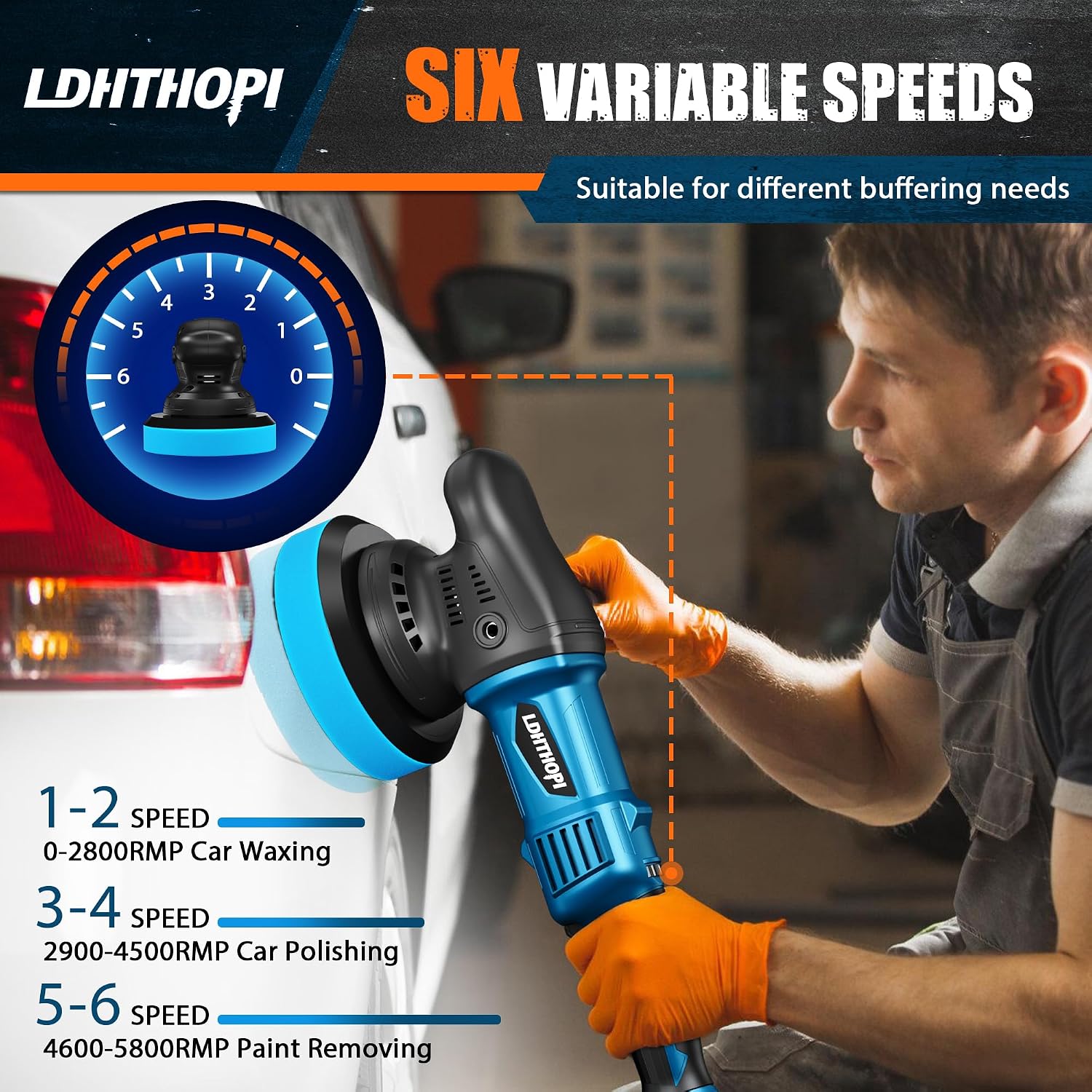 LDHTHOPI Dual Action Polisher, 980W 5/6 Inch, 9MM Random Orbital Buffer Polisher for Car Detailing, 2800-5800RMP, 6 Variable Speed Buffer Polisher with 8 Detachable Pads - Image 3