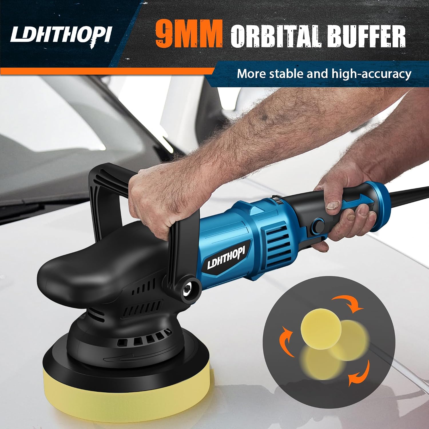 LDHTHOPI Dual Action Polisher, 980W 5/6 Inch, 9MM Random Orbital Buffer Polisher for Car Detailing, 2800-5800RMP, 6 Variable Speed Buffer Polisher with 8 Detachable Pads - Image 4