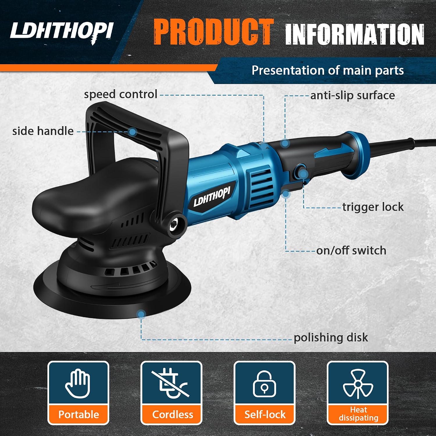 LDHTHOPI Dual Action Polisher, 980W 5/6 Inch, 9MM Random Orbital Buffer Polisher for Car Detailing, 2800-5800RMP, 6 Variable Speed Buffer Polisher with 8 Detachable Pads - Image 6