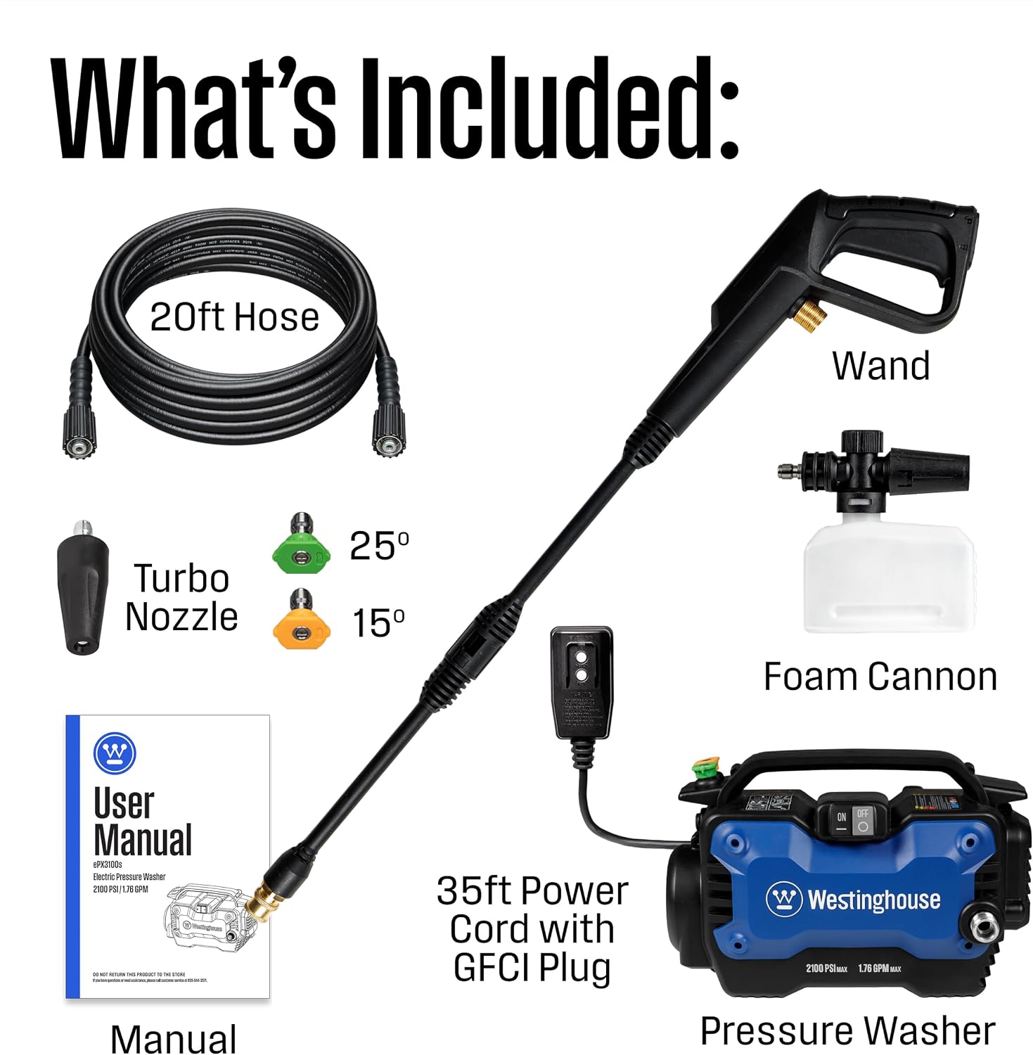 Westinghouse ePX3100s Electric Pressure Washer, 2100 Max PSI 1.76 Max GPM with Foam Cannon and Turbo Nozzle, for Cars/Fences/Driveways/Home/Patios - Image 6
