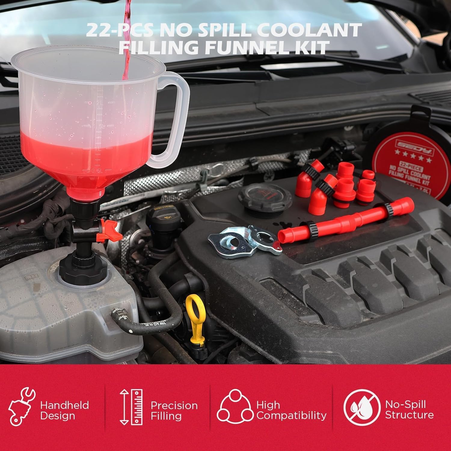 22-Piece No-Spill Coolant Filling Funnel Kit and Siphon Hose Pump, Radiator Coolant Filling Spill-Proof Funnel Kit with Adapters, Extensions, PVC Hose, Engine Oil Funnels, Towel for Universal Vehicle - Image 9